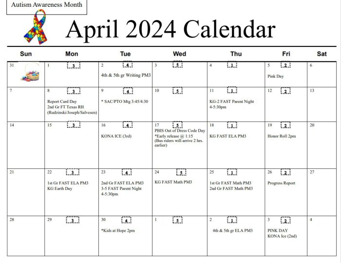 Calendar Bayshore Elementary