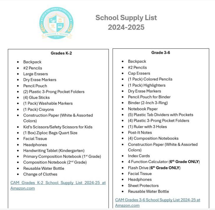 School Supply Lists Chester A. Moore K8