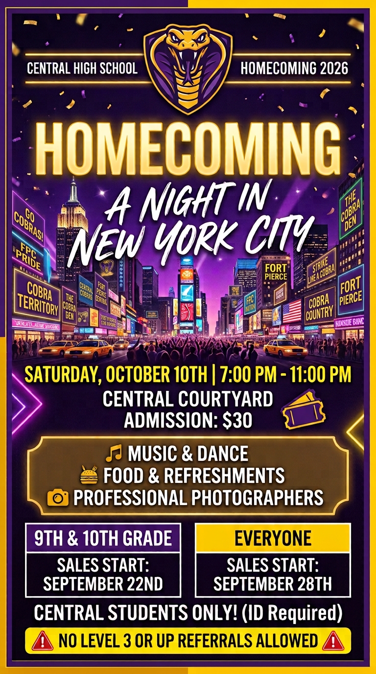 Homecoming, A Night in New York City, October 10th, 7pm-11pm at FPCHS Gym