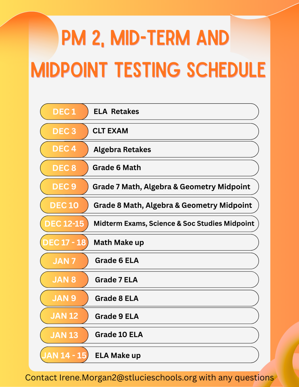 Testing Scheule Testing Schedules – Lincoln Park Academy