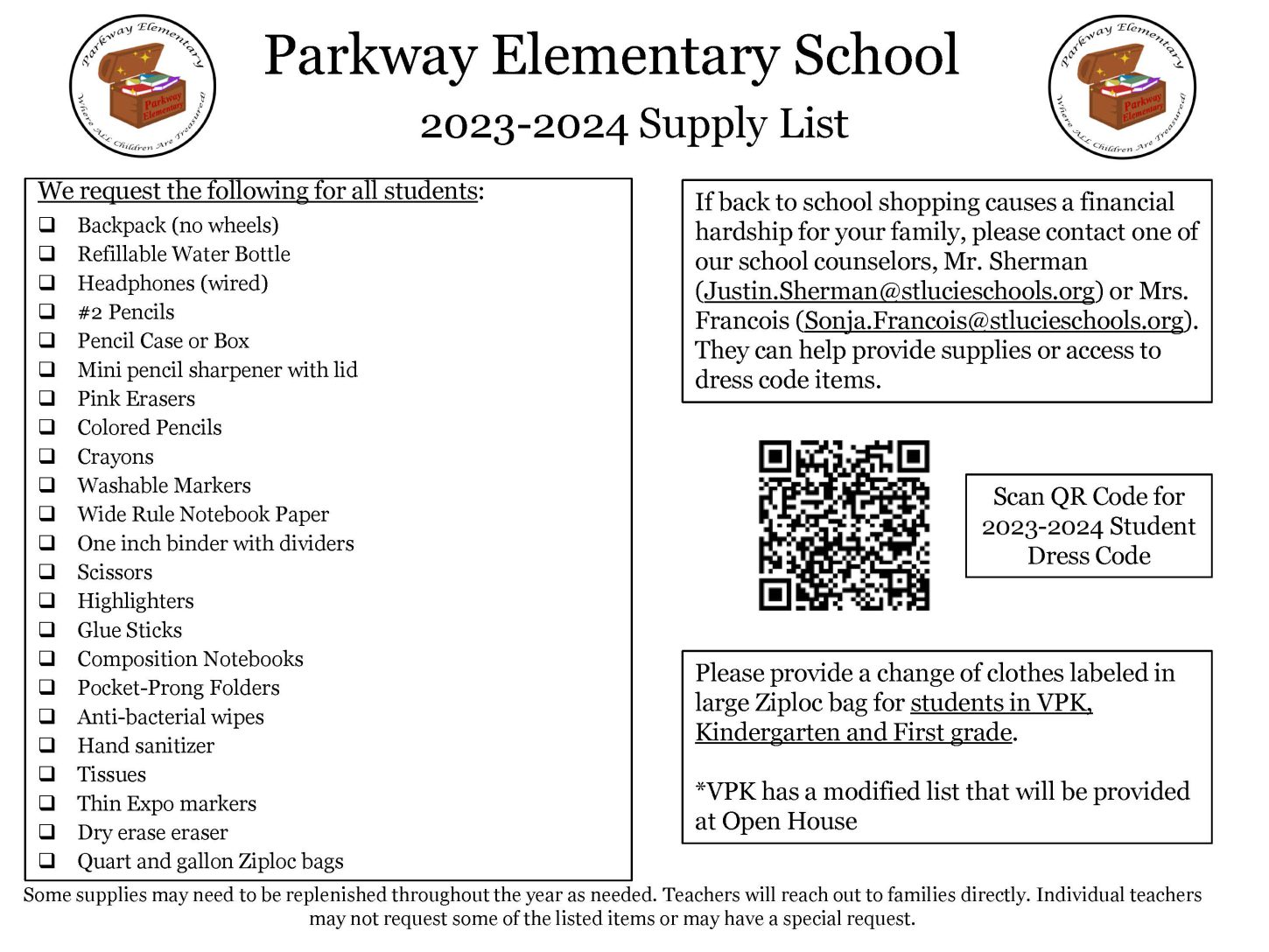 2023-2024 School Supply List – Parkway Elementary