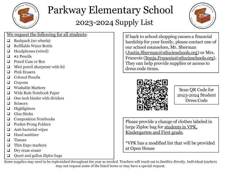 20232024 School Supply List Parkway Elementary