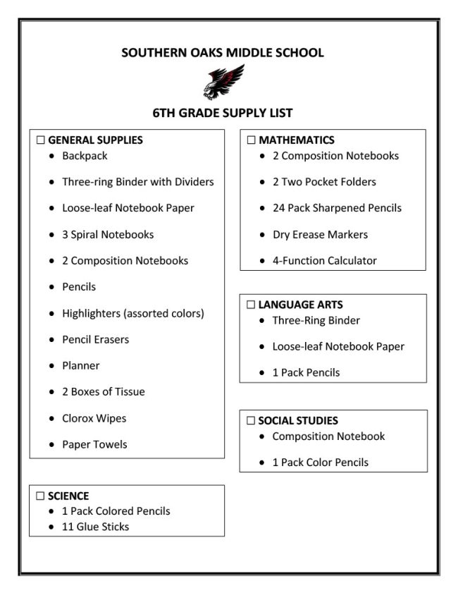 6th Gr Supply List