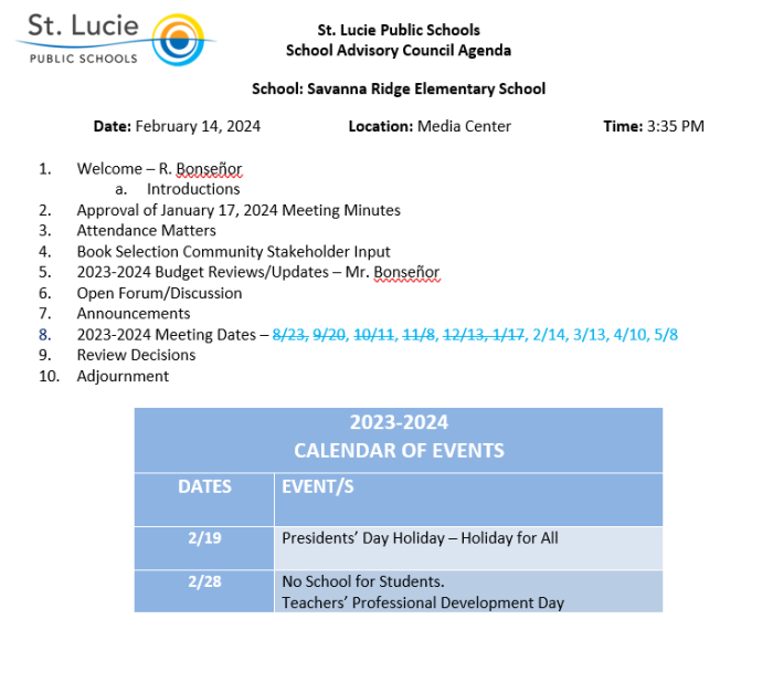 SAC Agenda for February 14, 2024 – Savanna Ridge Elementary